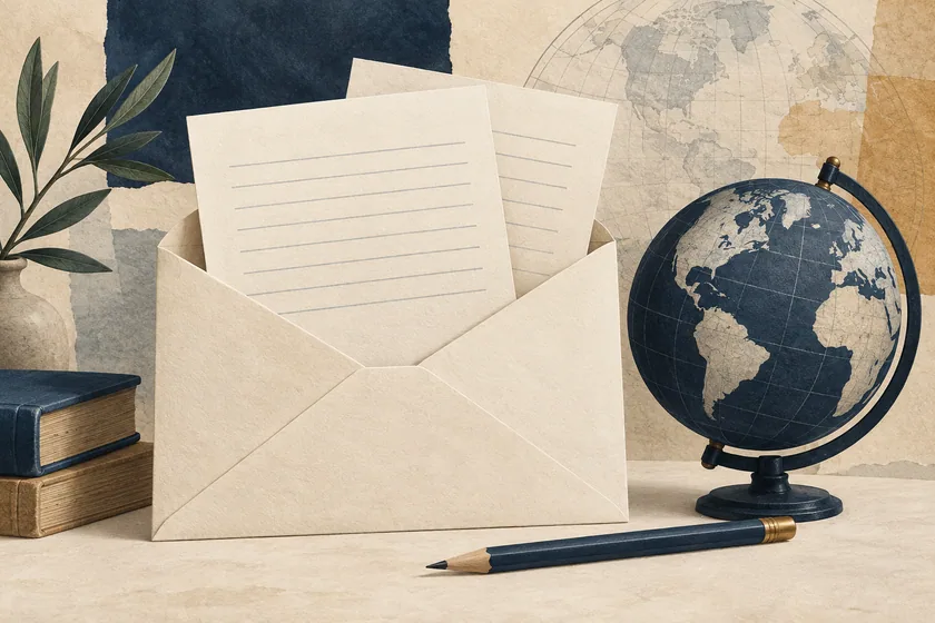 Ilustración conceptual de documentos y un sobre junto a un globo terráqueo, como representación del contacto editorial.