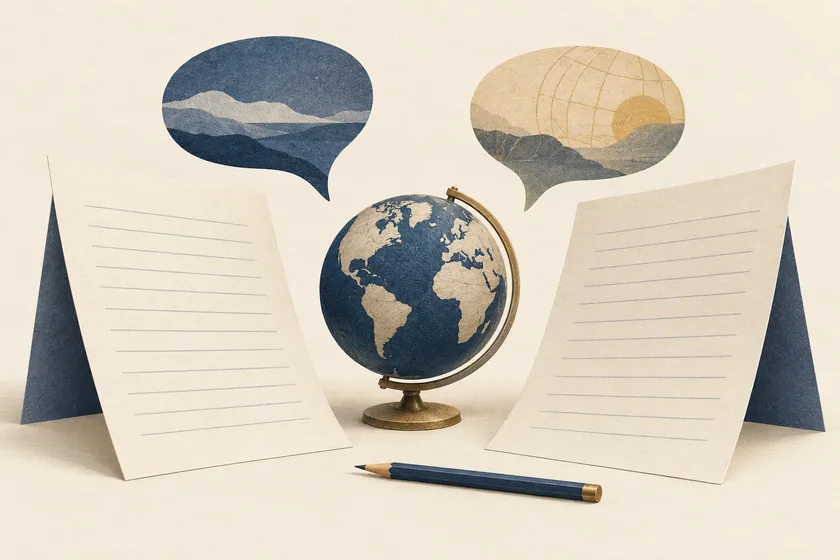 Ilustración conceptual de dos documentos y símbolos de diálogo junto a un globo terráqueo, como representación del intercambio de perspectivas.